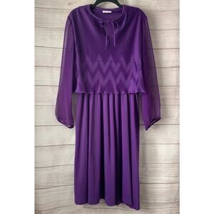 Vintage Amy-Deb Purple Dress Sheer Long Sleeves Tie Neck Chevron Pleats